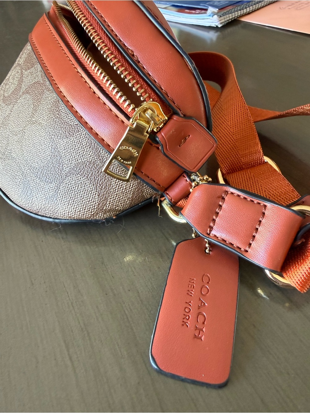 Coach Monogram Crossbody Belt Bag in Brown and Orange - Picture 5 of 9